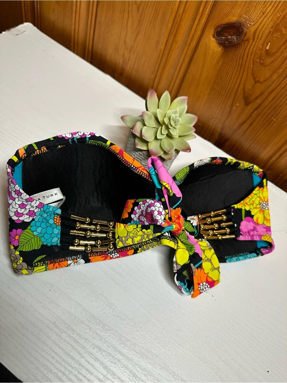 Trina Turk Black Floral Bandeau Swim Top with Multicolor Blooms